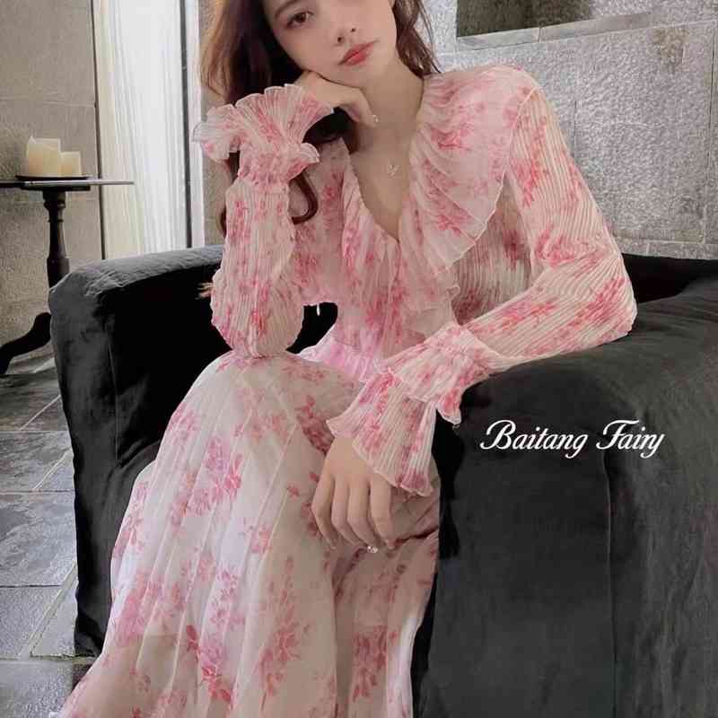 V-Neck Vingate Dress Women Long Sleeve Floral Midi Dress Beach Party Dress Korean Swweet Office Lady Summer 210521