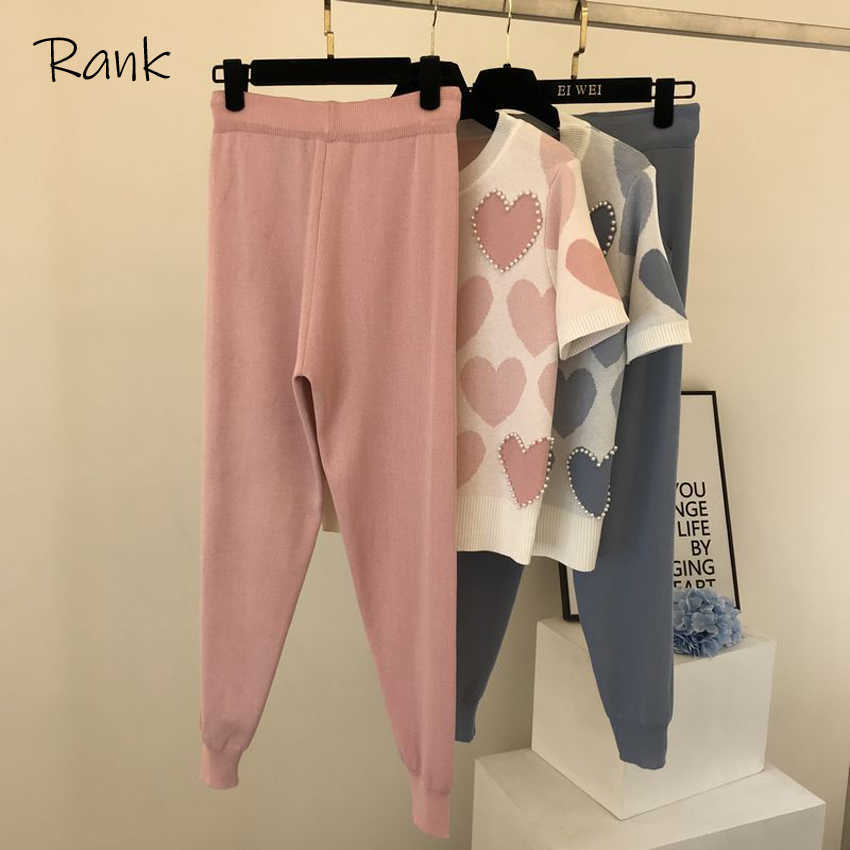 2 Piece Set Women Knit Outfits Heart Beading Round Neck Sweater Long Sleeve Pants Set Female Casual Elastic Harem Pants Top Sets Y0625