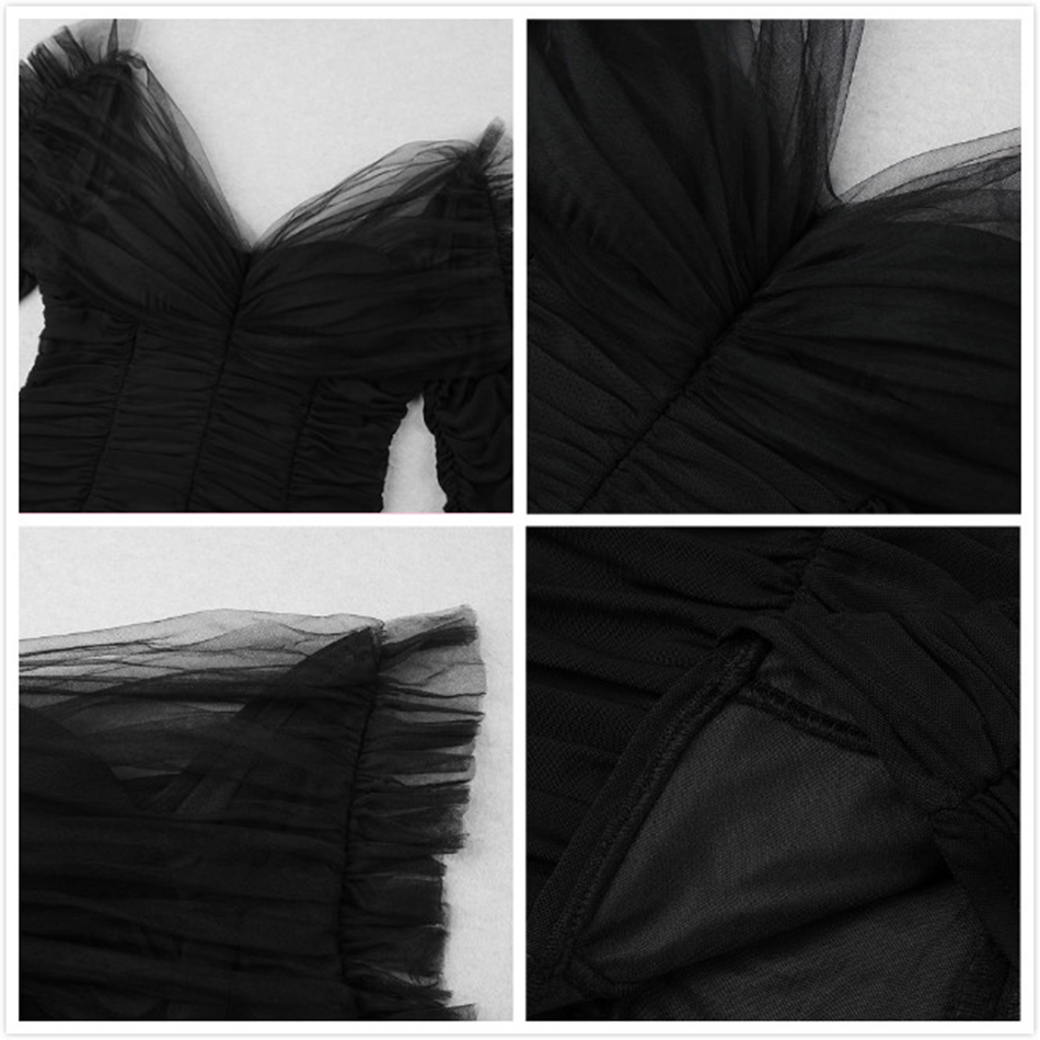 Free High Street Women's Black Tulle Draped Dress Fashion Sexy V-neck Short Sleeve Bodycon Club Party Vestidos 210524