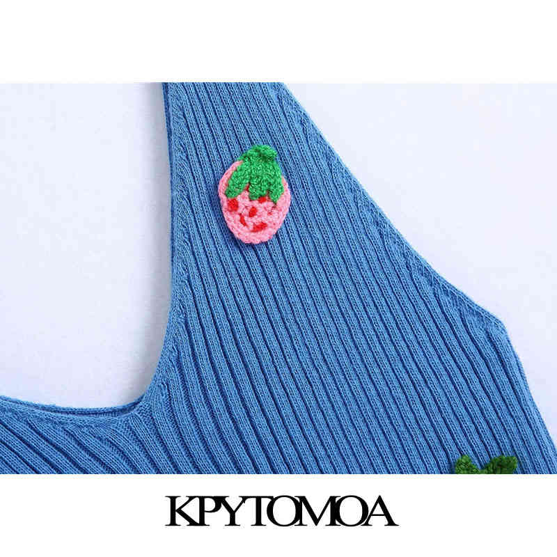 Women Fashion Patchwork Fruit Embroidery Ribbed Tank Tops Vintage V Neck Thin Straps Female Camis Mujer 210416