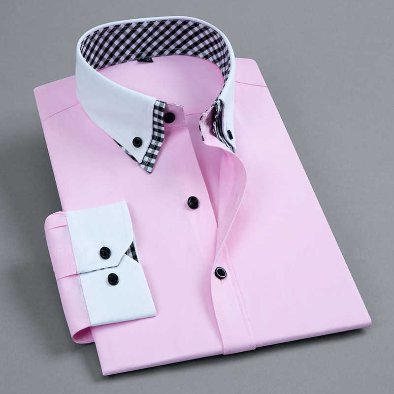 Long Sleeve Men's Formal Dress Shirt Easy-care Fashion Double Collar Solid Color Business Office Work Smart Casual Shirt 210714