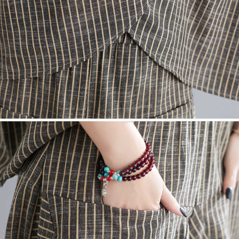 DIMANAF Plus Size Women Two Piece Set Suit Casual Vintage Lady Tops Shirts Batwing Sleeve Loose Pants Cotton Striped Summer 210707