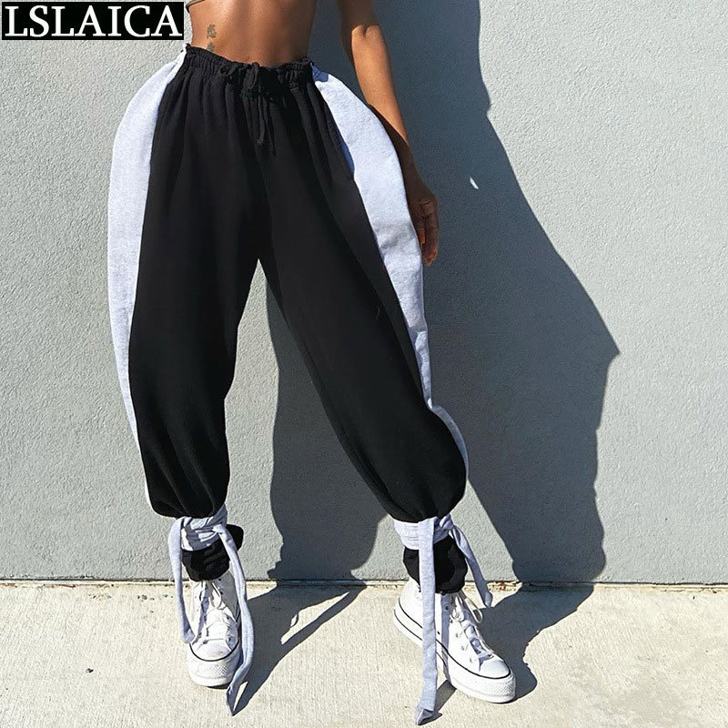 Wide Leg Pants Fashion Casual Loose Strappy for Women Full Length Elastic Waist Color Matching Pantalones De Mujer 210515