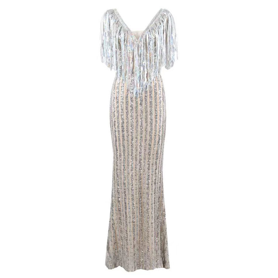 Free Autumn Women's Maxi Dress Sexy V-neck Tassel Sequin Bodycon Elegant Club Celebrity Banquet es 210524