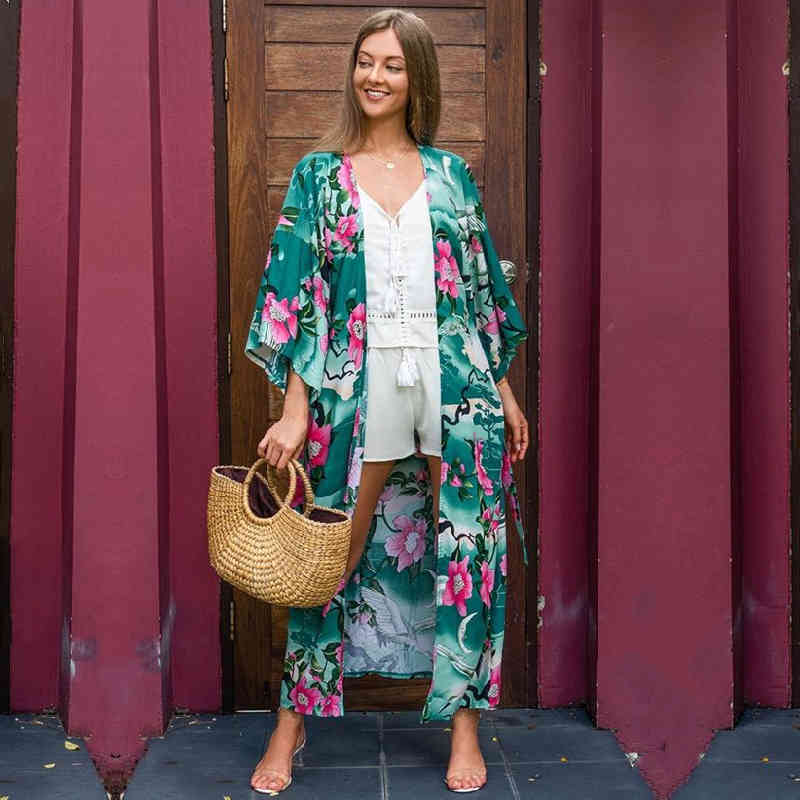 Green Bohemian Printed Bikini Wrap Cover-ups Chinese Style Kimono Cardigan Cotton Tunic Beach Dress Swimwear Cover Up #Q734 210420