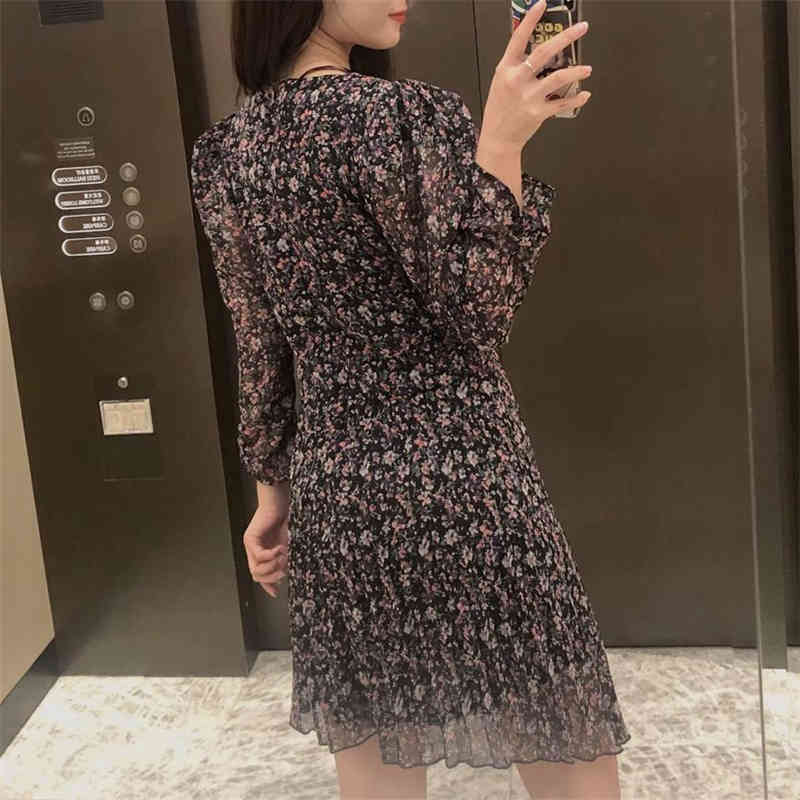 Elegant Women Floral Print Dresses Fashion Ladies Chiffon Pleated Mini Dress Streetwear Female Chic V-Neck Draped Vestidos 210430