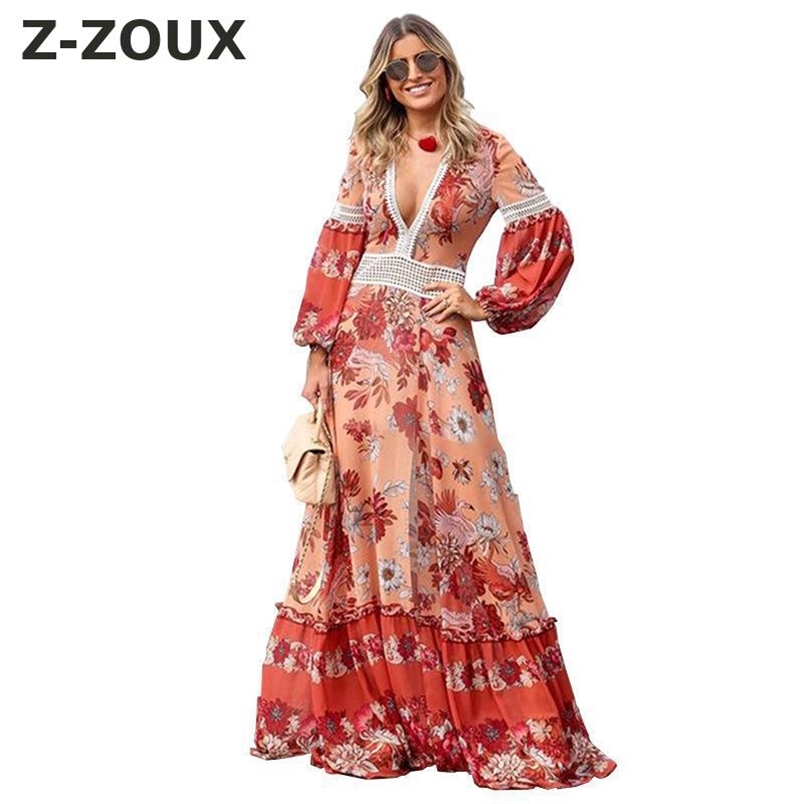 Women Dress Bohemia Maxi V Neck Lantern Sleeve Print es Hollow Out High Waist Sexy Thin Beach Summer 210513