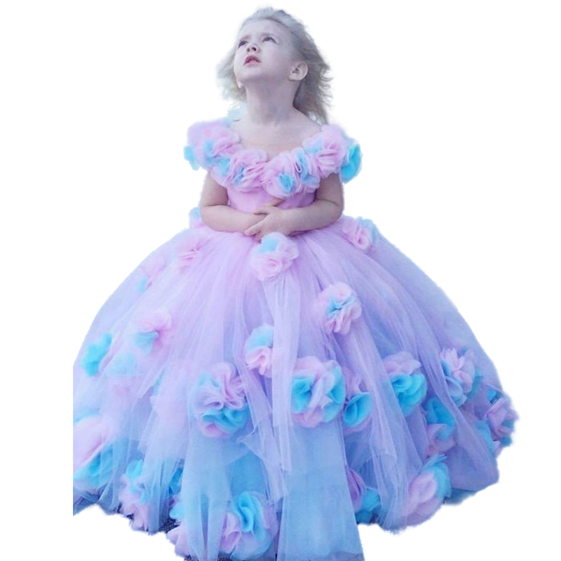 Cute 3D Floral Appliques Little Girls Pageant Dresses Puffy Ball Gown Flower Girl Dress For Wedding Party First Communion Gowns Toddler Kids Long Brit