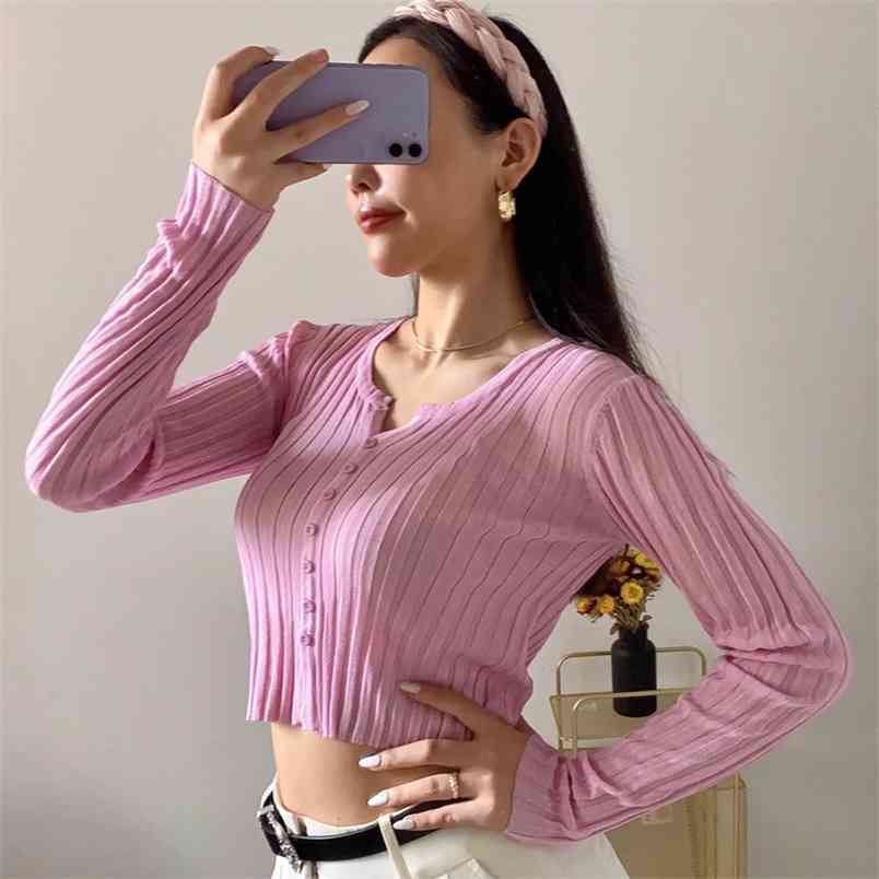 CHIC French Knitting Stripe Line Through Crop Knit Cardigan Sweater Retro Woman Small V neck Split Long Sleeve Jumper Knitwear 210429