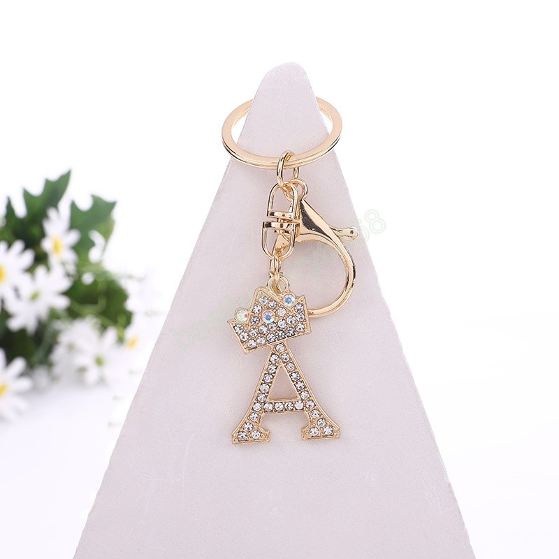 Fashion Shiny Rhinestone Letter Key Rings Gold Color Crown A-Z Initials Keychain Women Bag Hanging Pendant Keyrings