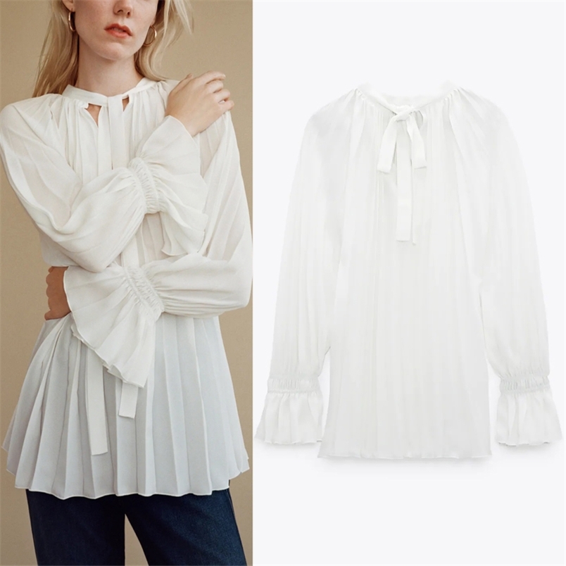 Bow Pleated White Blouse Women Autumn O Neck Ruffle Elastic Cuffs Long Sleeve Top Fashion Elegant Ladies Blouses 210519
Bow Pleated White Blouse Women Autumn O Neck Ruffle Elastic Cuffs Long Sleeve Top Fashion Elegant Ladies Blouses 210519