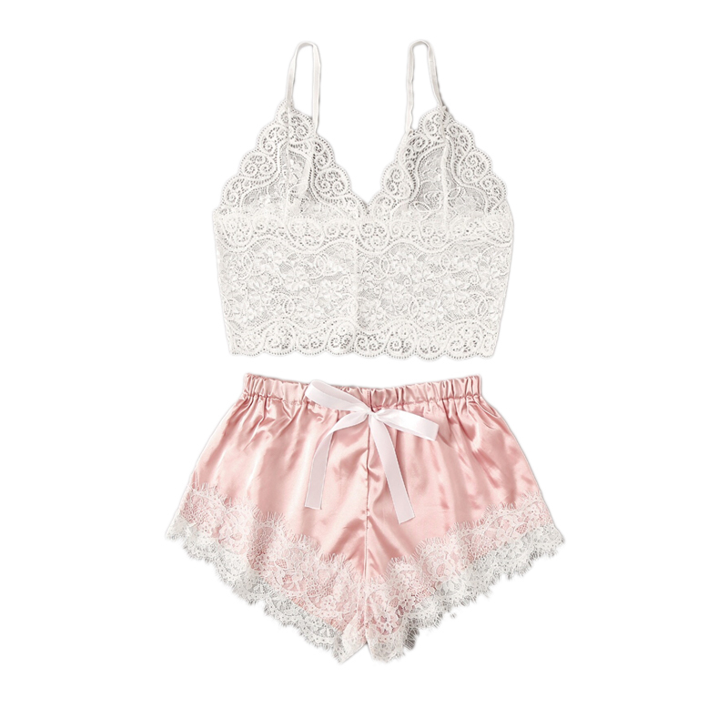 Floral Lace Bralette With Satin Shorts Lingerie Set Women Summer Sexy Sets Ladies Bra And Panty Underwear Pajama Set-Pink 210330