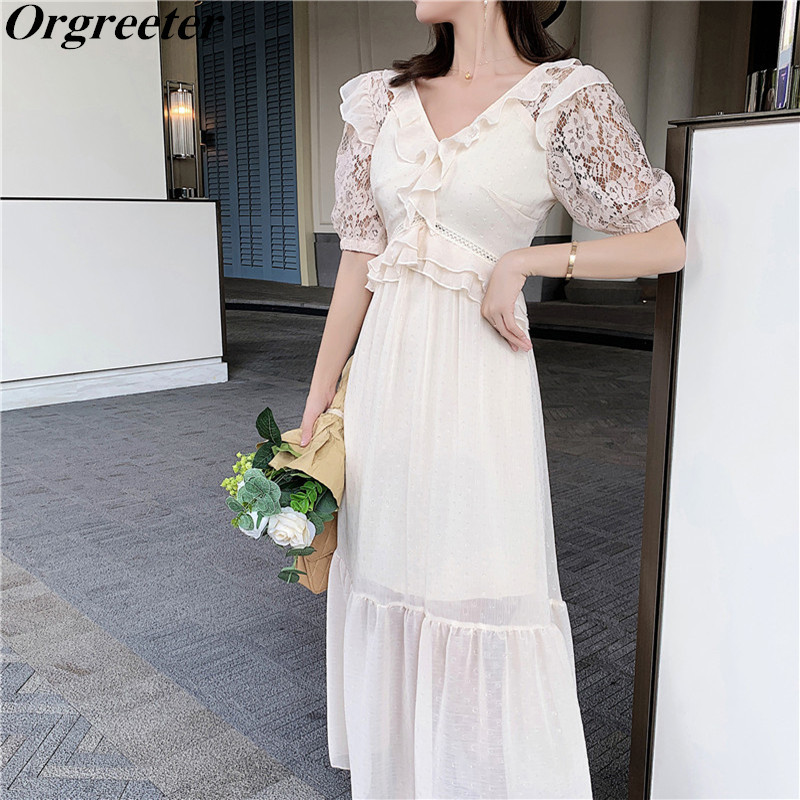 Boho Long Dress Women Slim Elegant Hig hwaist Ruffles Lace Patchwork V-neck Short Puff Sleeves A-line Big Swing Chiffon 210525, Beige
Boho Long Dress Women Slim Elegant Hig hwaist Ruffles Lace Patchwork V-neck Short Puff Sleeves A-line Big Swing Chiffon 210525, Beige