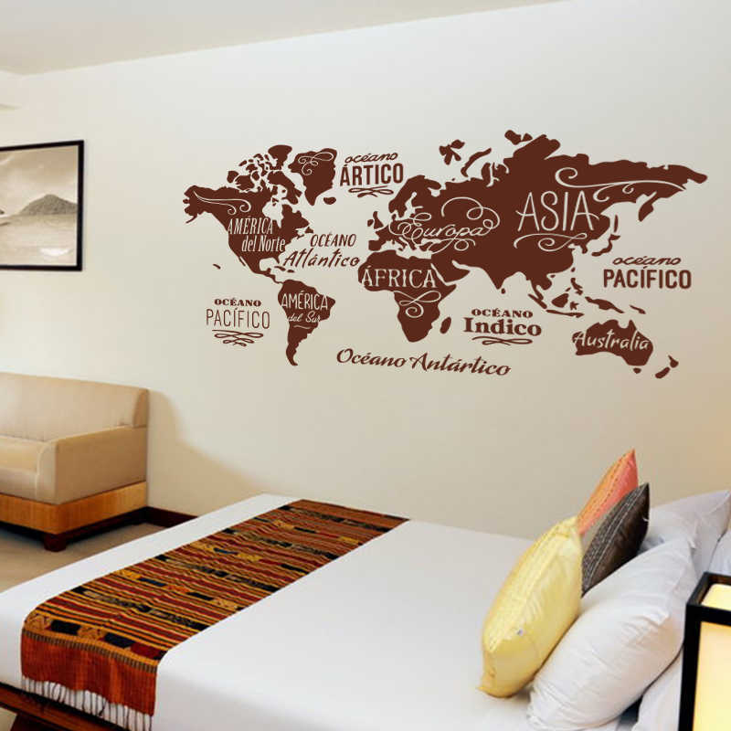 World map in words vinyl wall sticker Oceans and Continents in spanish home decor wall decals DIY house decor for living room 210929