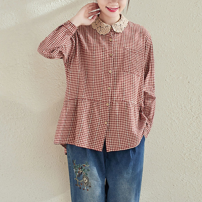Spring Arts Style Women Long Sleeve Loose Shirts Lace Peter Pan Collar Cotton Linen Plaid Blouse Femme Tops Plus Size V306 210512