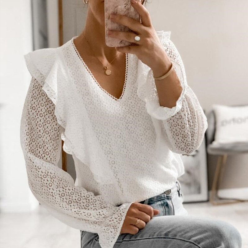 Summer Women White Black Blouse V neck Lace Shirts Long Sleeve Sexy Hollow Out Tops Casual Loose Solid Office Blouses 210515