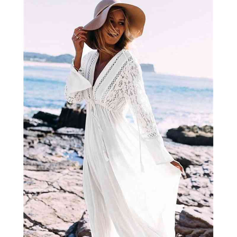 White Rayon Beach Long Dress Swimwear Tunics Kaftan wear Cover ups Robe de Plage Saida Praia #Q274 210420
