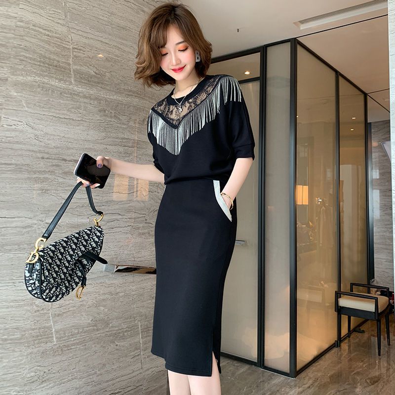 Summer Women's 2 PCS Set Fashion Tassel Lace Patchwork Shirt + Knee Pencil pocket Skirt OL Suits 210506