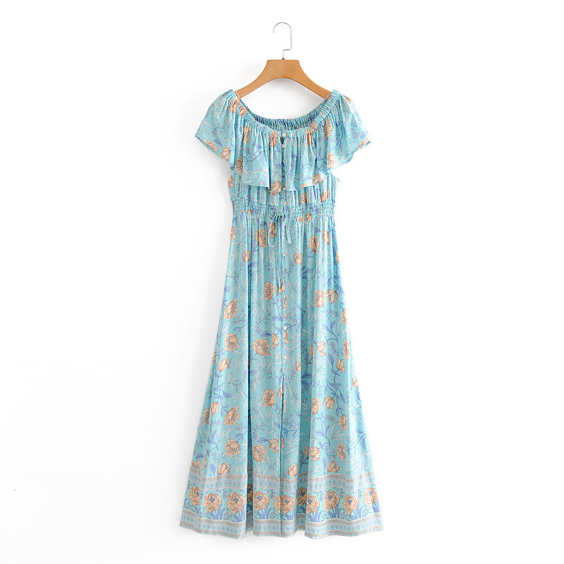 beauty Fashion Women Summer Boho Dress Sweet Printed Word Shoulder Waist Ruffle Long Woman 210514