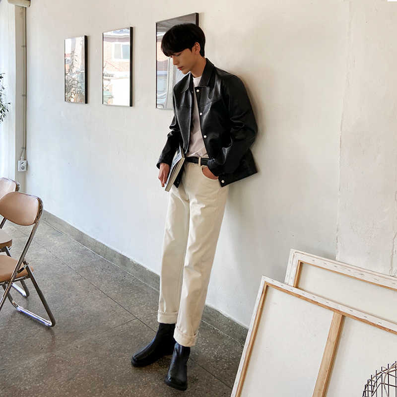 IEFB Men's Clothing Single Breasted PU Leather Jacket Korean Fashion Casual Autumn Vintage High Quality Black Coat 9Y4300 211018