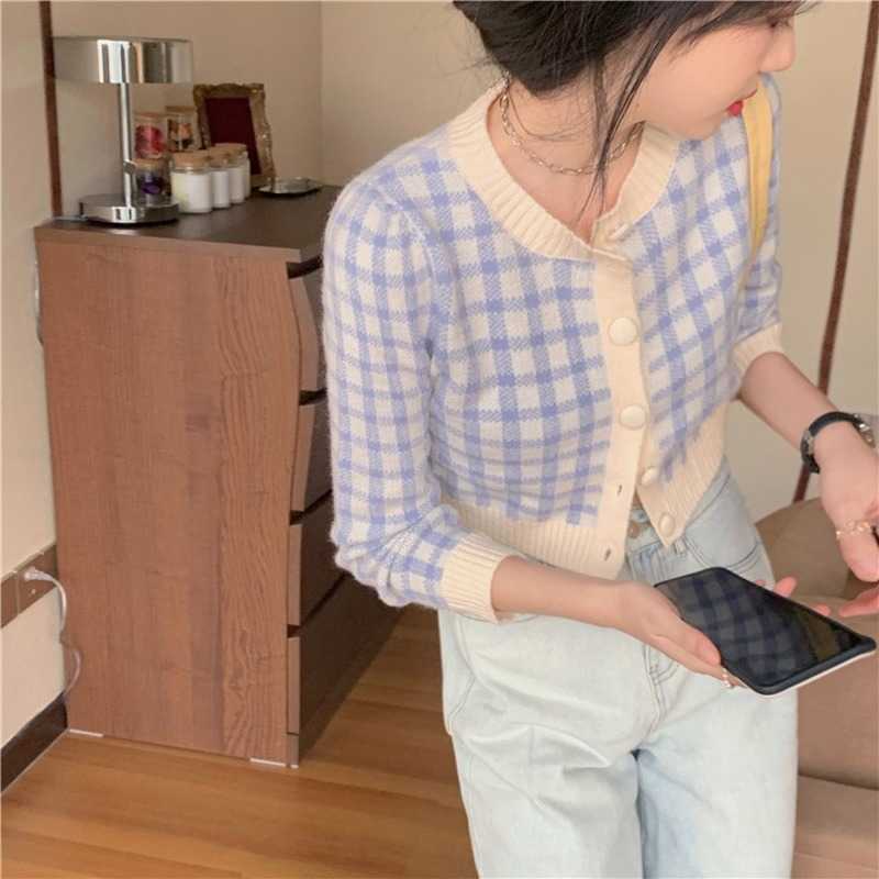 OCEANLOVE Plaid Sweater Short Slim Korean Ins Fashion Autumn Winter Cardigans Sweet Chaqueta Mujer 18825 211011Z