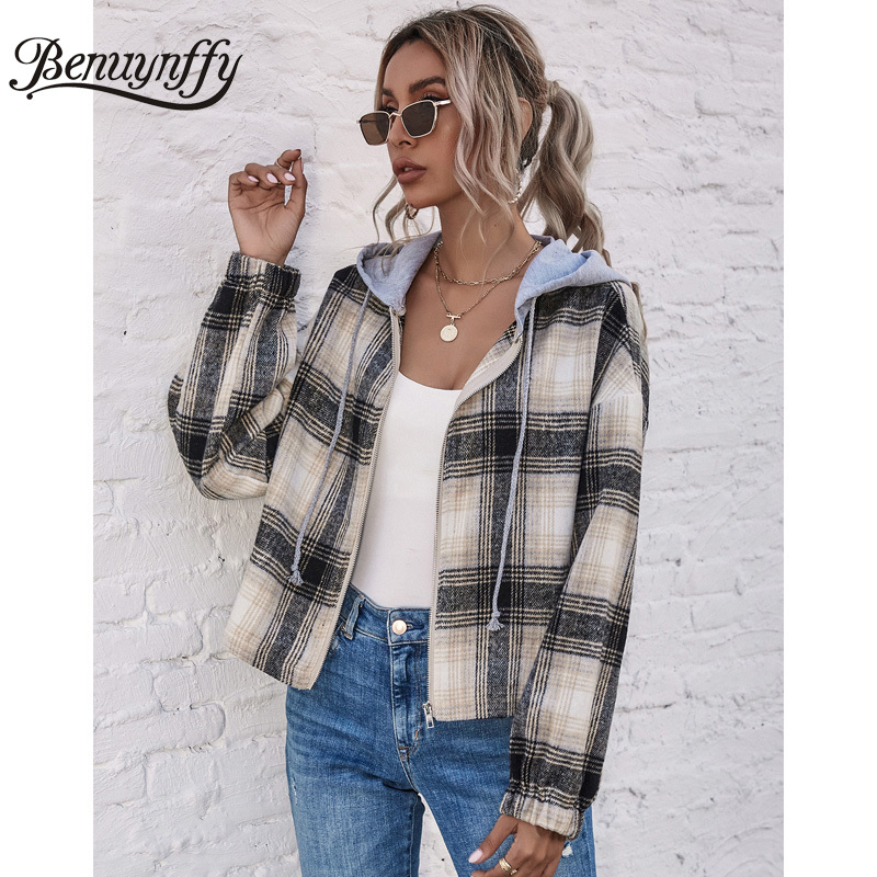 Hooded Drawstring Plaid Coat Women Drop Long Sleeve Zipper Jacket Autumn Fashion Loose Short Casual Female Outwear 210510