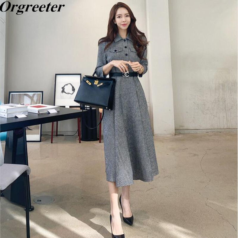 Elegant Single-breasted Slim Big Swing Long Houndstooth Dress Women Lapel Three quarter Sleeve Spring Fall 210525, Black
Elegant Single-breasted Slim Big Swing Long Houndstooth Dress Women Lapel Three quarter Sleeve Spring Fall 210525, Black