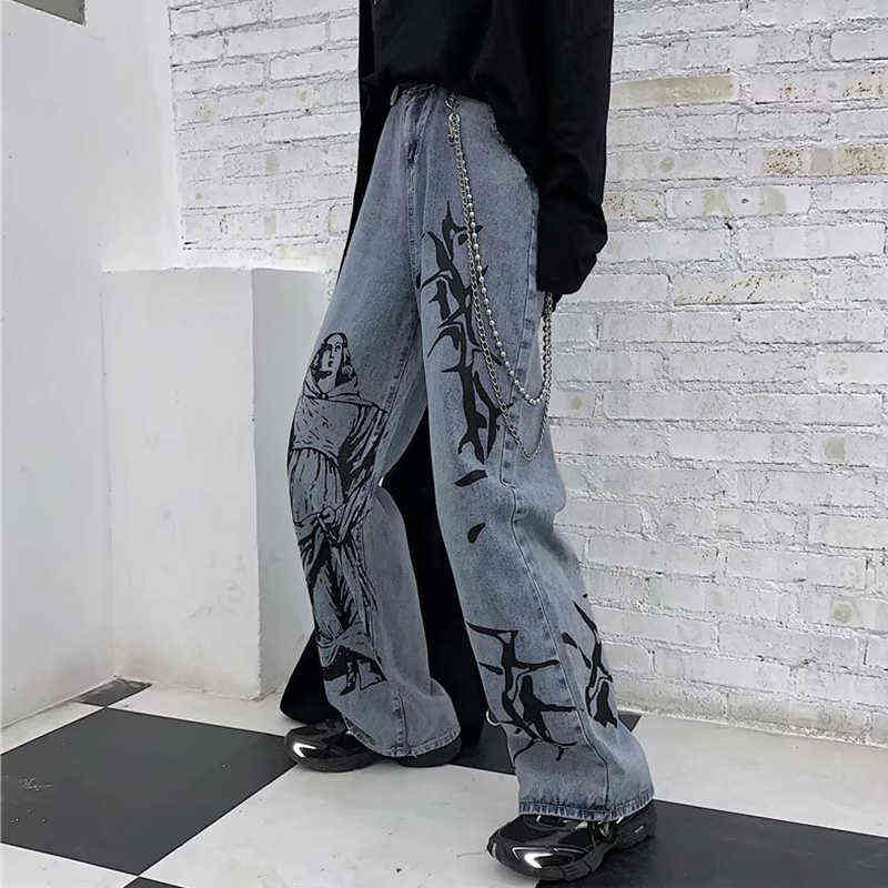 Aolamegs Jeans Men Casual Print Baggy Homme Korean Retro Wide Leg Anime Denim Pant Harajuku Hip Hop Trousers 211111