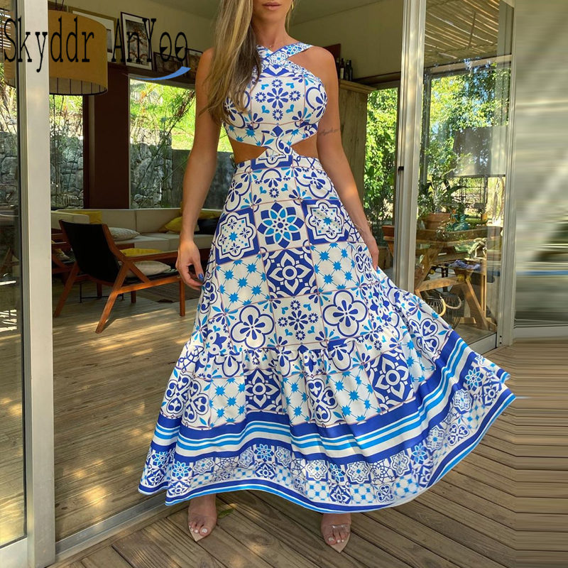 Vintage Printed Dresses Summer 2021 Women Sleeveless Halter Sexy Long Dress A-Line Elegant Woman Pary Dress, Blue
Vintage Printed Dresses Summer 2021 Women Sleeveless Halter Sexy Long Dress A-Line Elegant Woman Pary Dress, Blue