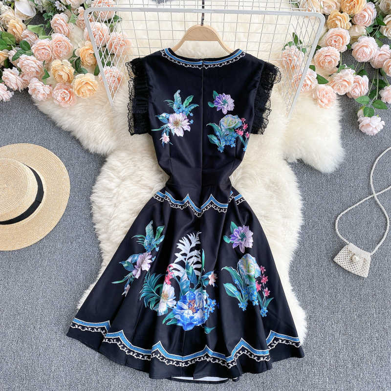 Women's Fashion Summer Sweet Lace Side Sleeveless Printed A-line Black Vest Dress Party Elegant Vestido De Mujer S281 210527