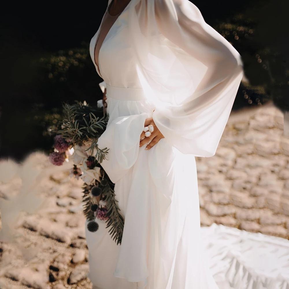 Beach Boho Wedding Dresses Bride Gown Long Sleeves Chiffon Sexy Deep V Neck Sweep Train Custom Made Plus Size Vestidos De Noviacountry estidos