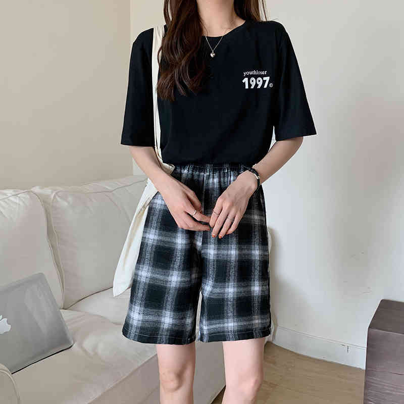 Bermuda Shorts Women Vintage Plaid High Waisted Shorts Woman Summer Blue Black Short Shorts Back Elastic Waist Checkerboard 210408