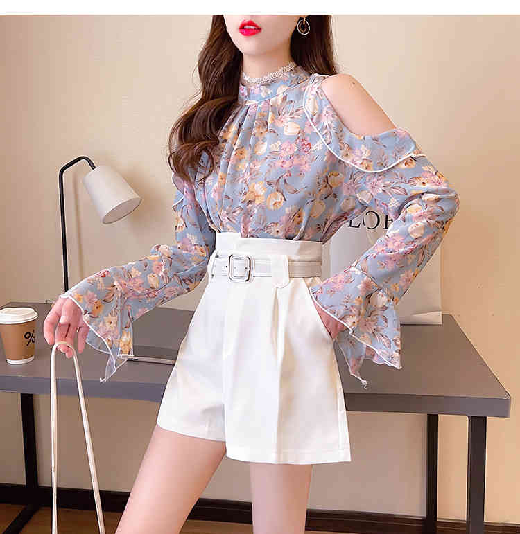 2 Piece Set Women Korean Chic Flower Print Off Shoulder Flare Sleeve Chiffon Shirts+High Waist Shorts Fashion Suits 210519