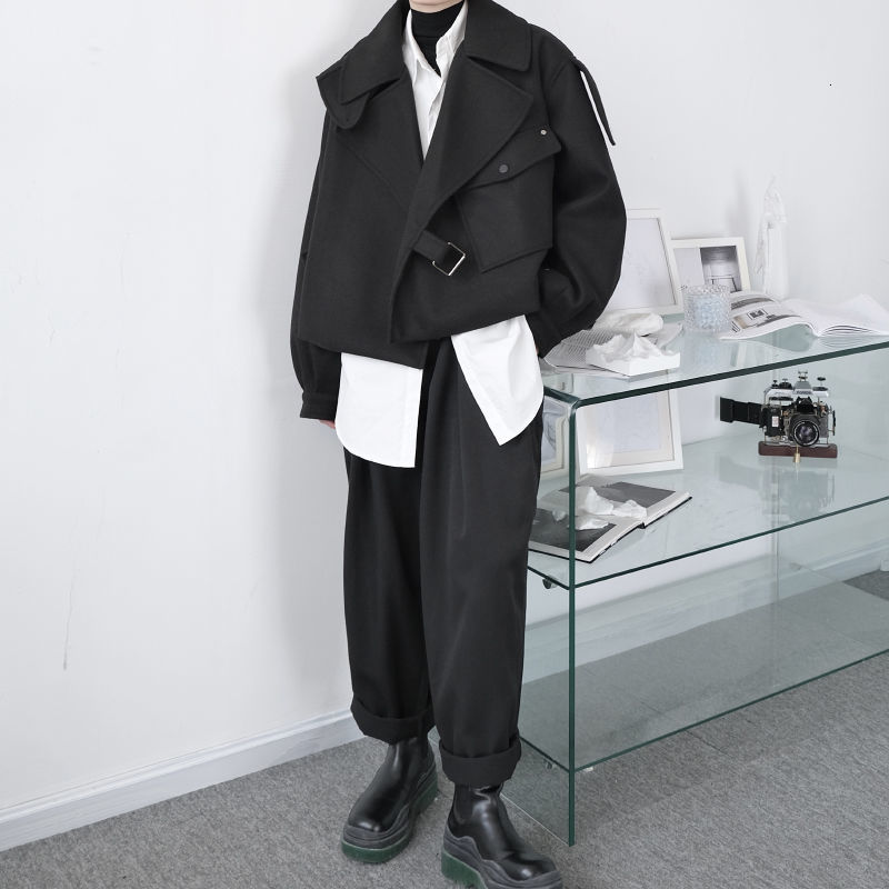 IEFB Men's Spring And Autumn punk hip hop short style woolen black jacket loose thickness oversized coat for male casual 9Y4652 210524