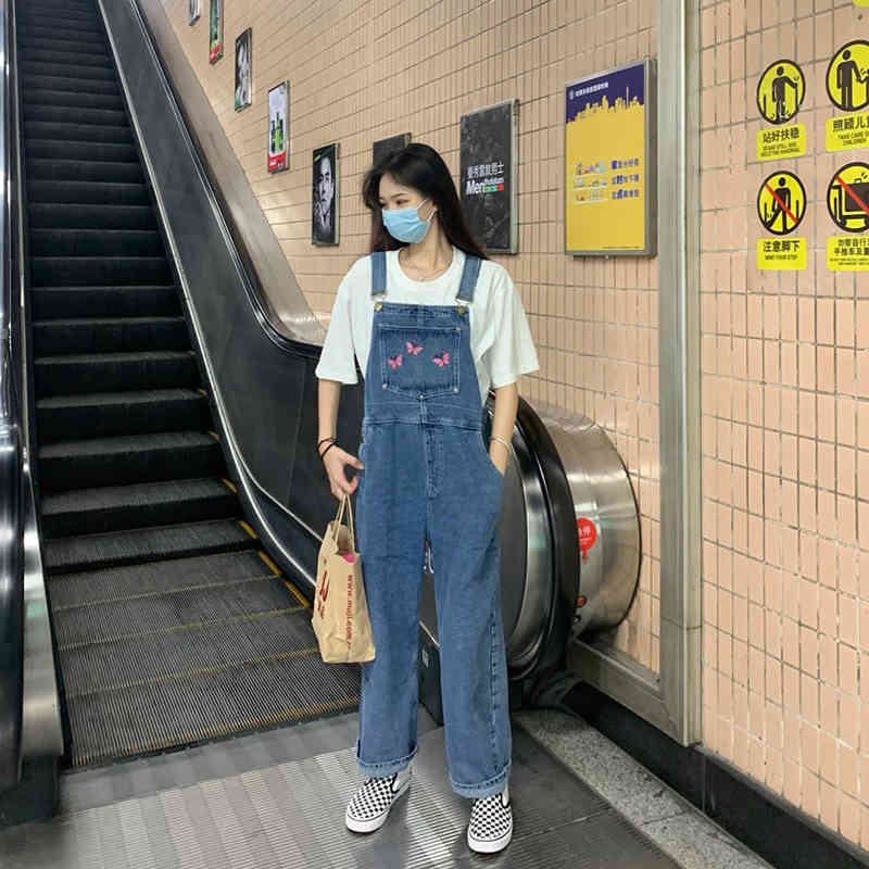 S-XL,2X,3XL,4XL korean style oversize Jumpsuit Denim Overalls Casual Girls butterfly embroidery plus size Jeans pants womens 210423