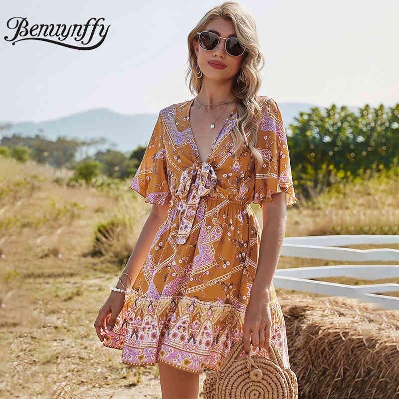 Deep V-neck Butterfly Sleeve Bow Tie Printed Dresses Women Vacation Casual High Waist Short A-Line Summer Dress 210510