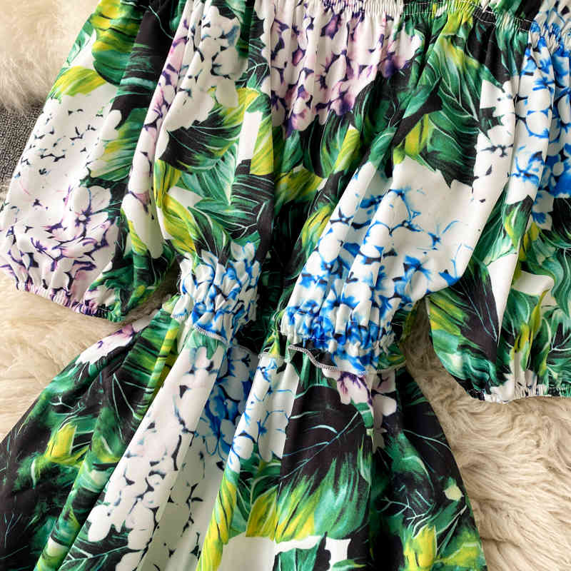 est Floral Print Knee-length Vacation Dress Sexy Off shoulder Puff sleeve Elastic waist A-line Hydrangea Green 210525