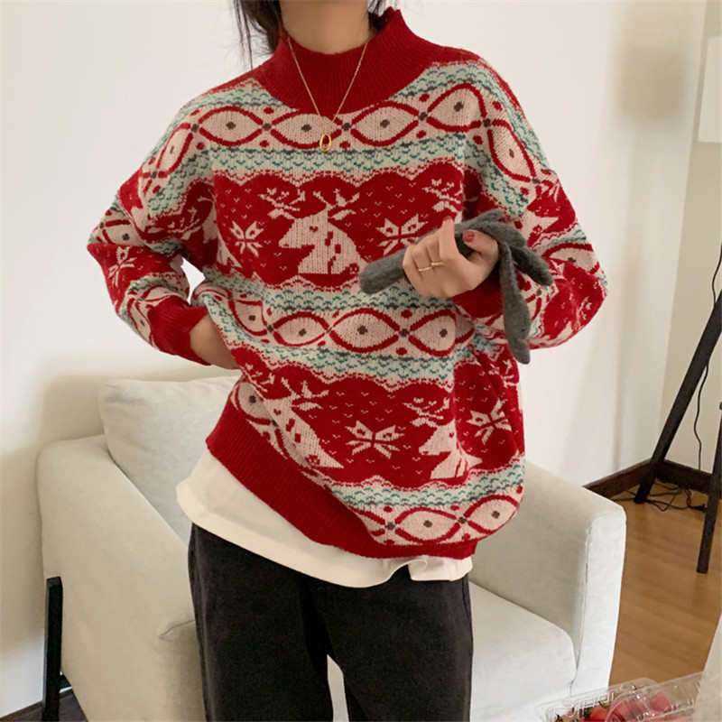 Autumn Winter OL Outwear Vintage Red Print Christmas Pullover Tops Warm Sweater Women Elegant Loose Knitted Sweaters 210421