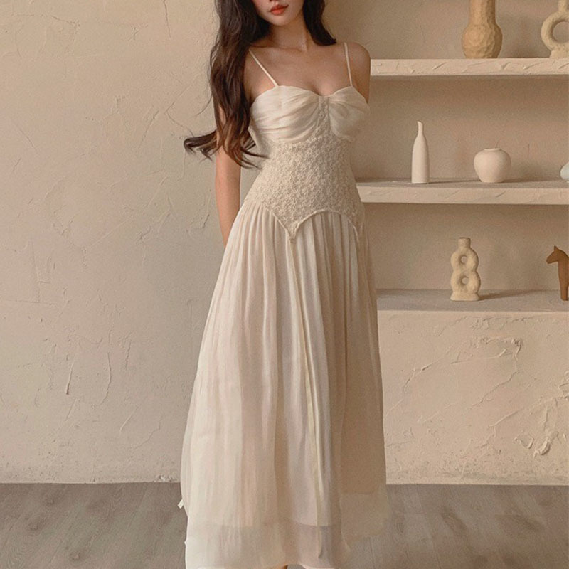 Elegant Camisole Dress Vintage Women Sexy High Waist Folds Fairy Strap Dress Evening Party Summer Dress Korean 210521