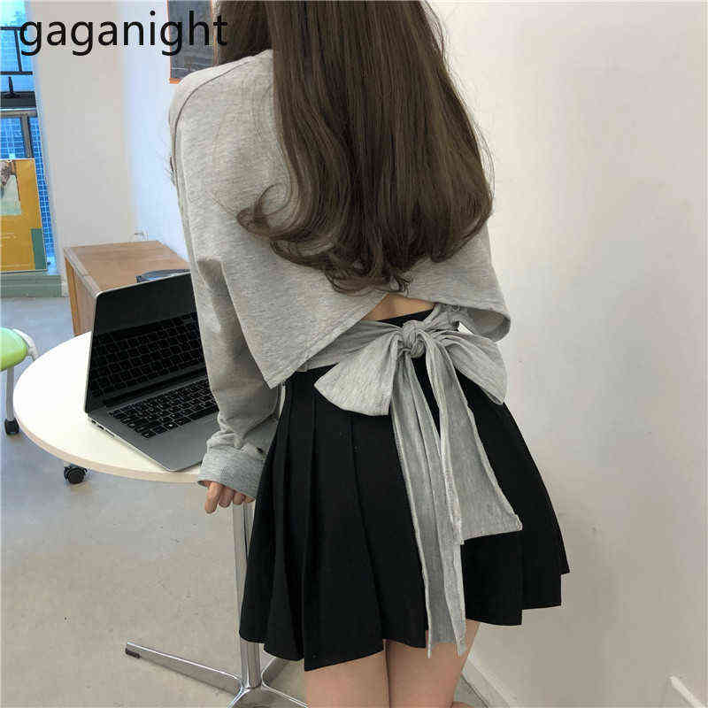 Gaganight Fashion Women Back Bow Jumper Sweet Lady Long Sleeve Hoodies Chic Korean Girls Sweatershirt Solid Crop Jumpers 211109