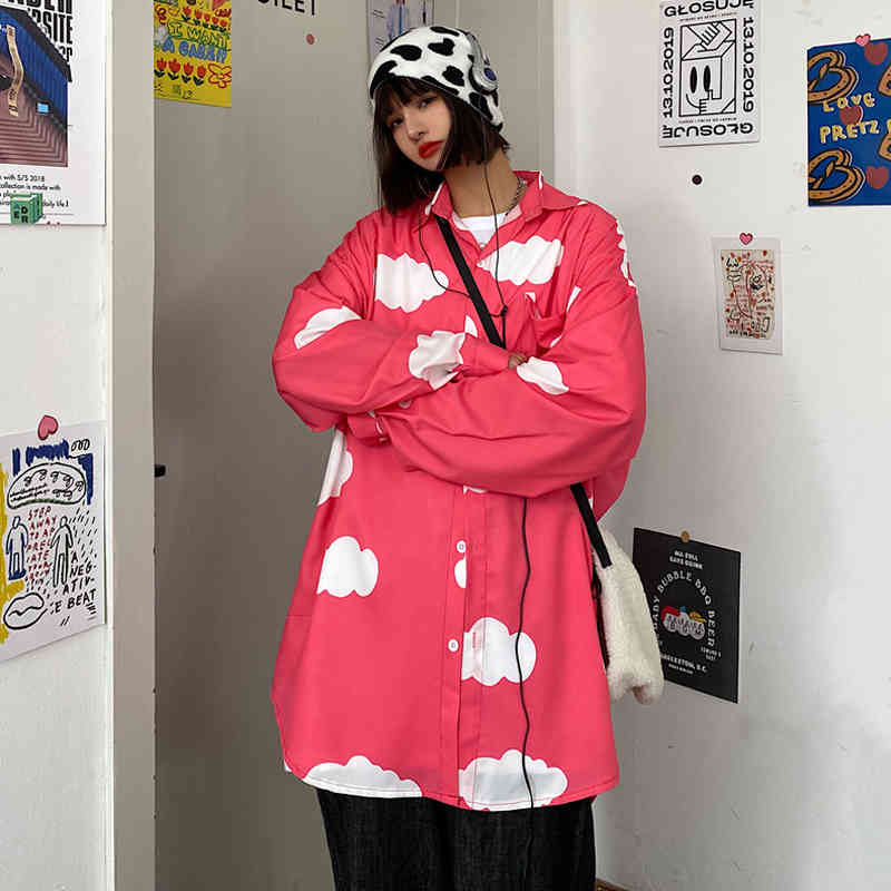Neploe Summer Men Women Long Sleeve Shirt Japanese Harajuku Cloud Print Oversized Tops Streetwear Woman Blouses Clothes 210422
