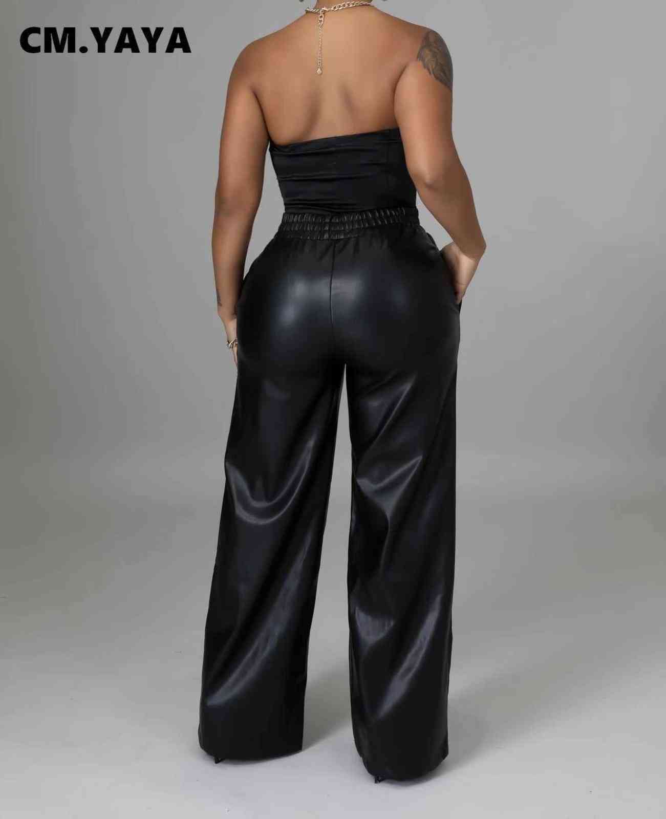 CM.YAYA Women Faux Leather Straight High Waist PU Pants INS Elegant Autumn Winter Solid Wide Leg Black Trousers 211115
