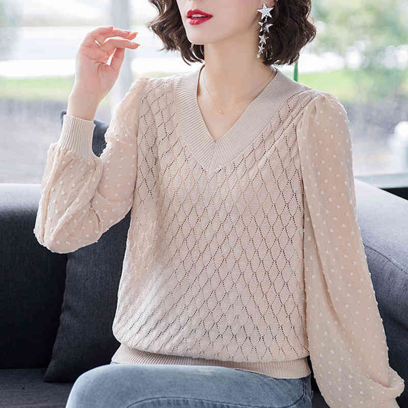 V-Neck Hollow Out Chiffon Long Sleeve Patchwork Knit Pullovers Women Elegant Large Size Loose Argyle Knitwear Tops Female 210522