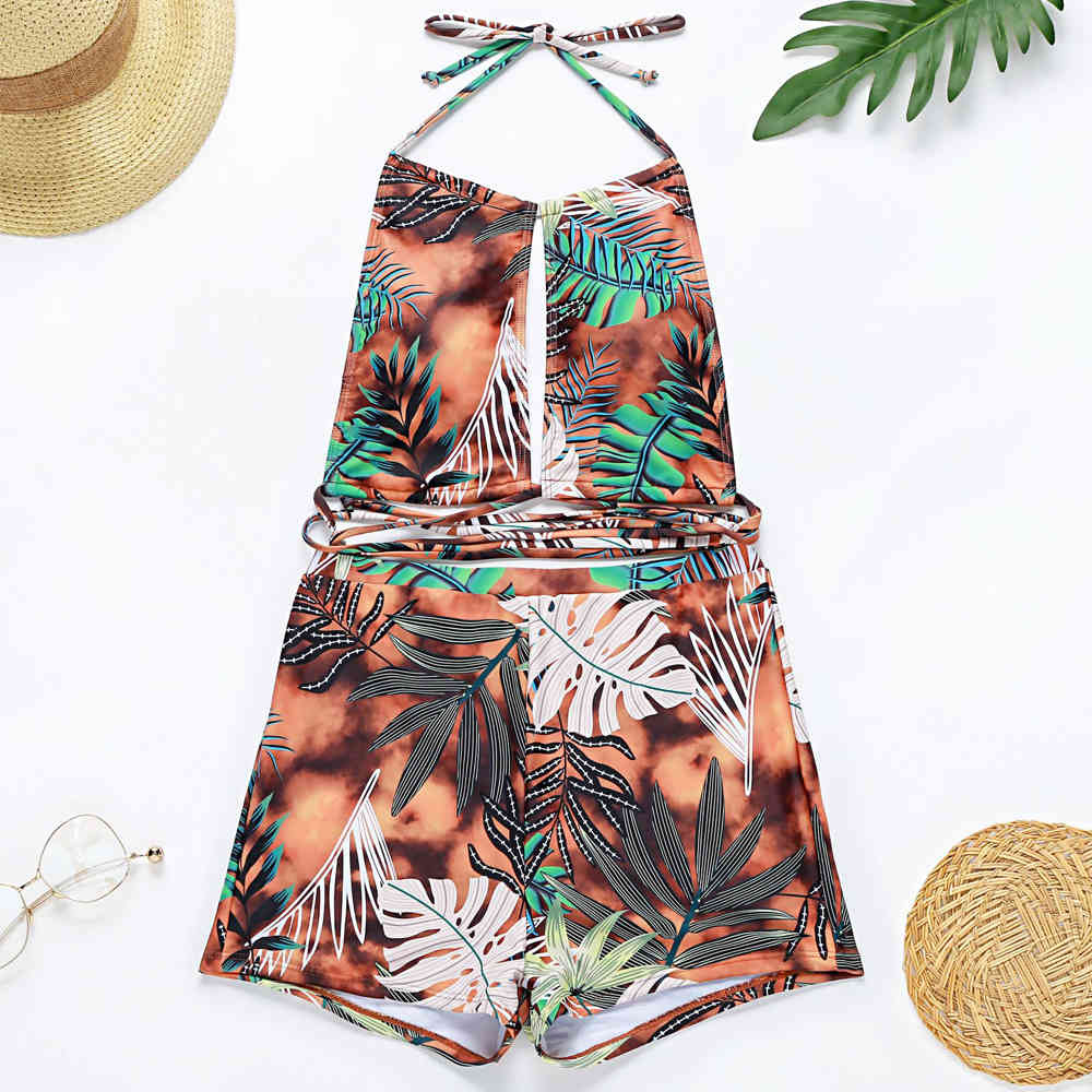 Women Fashion Tropical Jungle Print Bikini Set Shorts Halter neck Two Piece Swimsuit Bathing Suit Swimwear Beach Wear Tankinis 210520