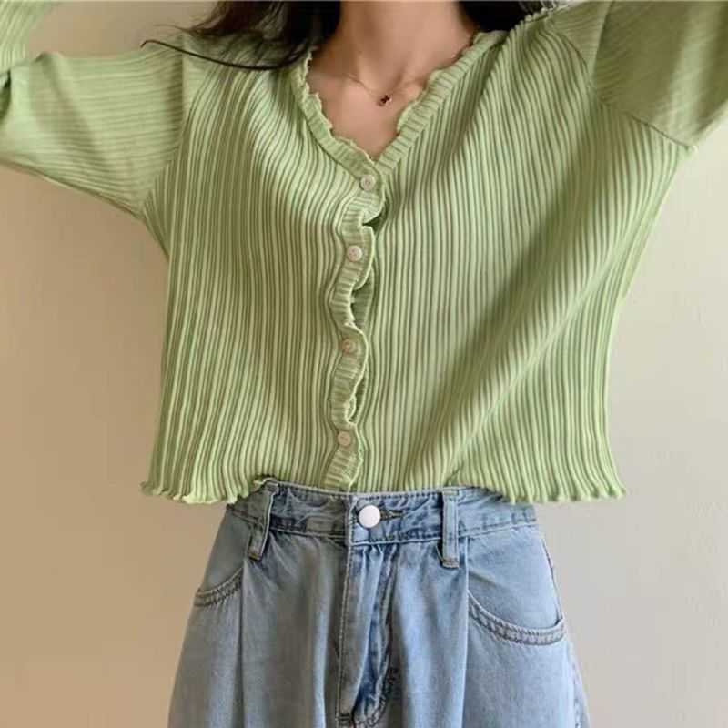 Women Summer Long Sleeve Sunscreen Cardigan Ribbed Knit Ruffles Sweater Crop Top Button Down Solid Color V-Neck Outwear 210918