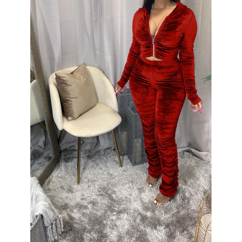 Women's Tracksuits 2021 Autumn Velvet Stacked Set Zipper Hoodies Ruched Pants Sport Tracksuit Two Piece Outfit Active Sweatsuit