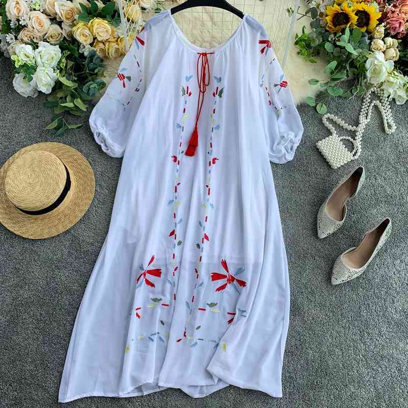 Zomer Jurk Chiffon Borduren Vrouwen Bohemian Lange Jurken Sjerpen Boog Kwastje Vestidos A-lijn Robe Femme 210521