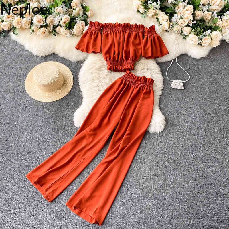 Neploe 2 Piece Outfits Women Slash Neck Ruffles Shirt Crop Tops High Wasit Wide Leg Pans Femme Roupas Two Piece Set Chic Suit 210422