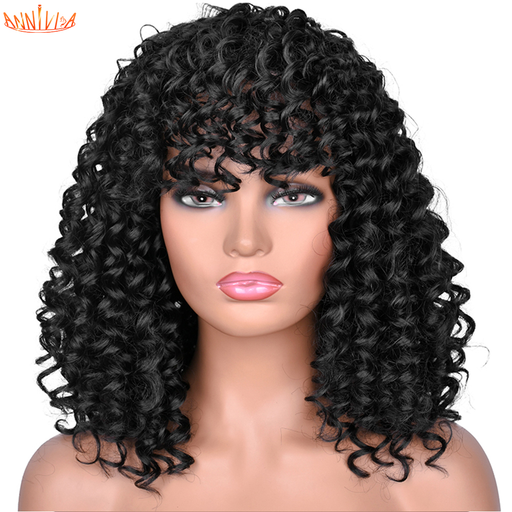 14inch Short Afro Kinky Curly Wig With Bangs For Black And White Women Synthetic Glueless Natural High Temperature Hair Anniviafactory direc