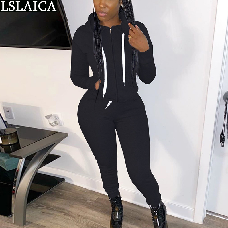 Plus Size Clothing for Women Solid Hooded Sweatshirt Long Pants Set 2 Piece Zipper Drawstring Sport Fitness Track Suit 210520